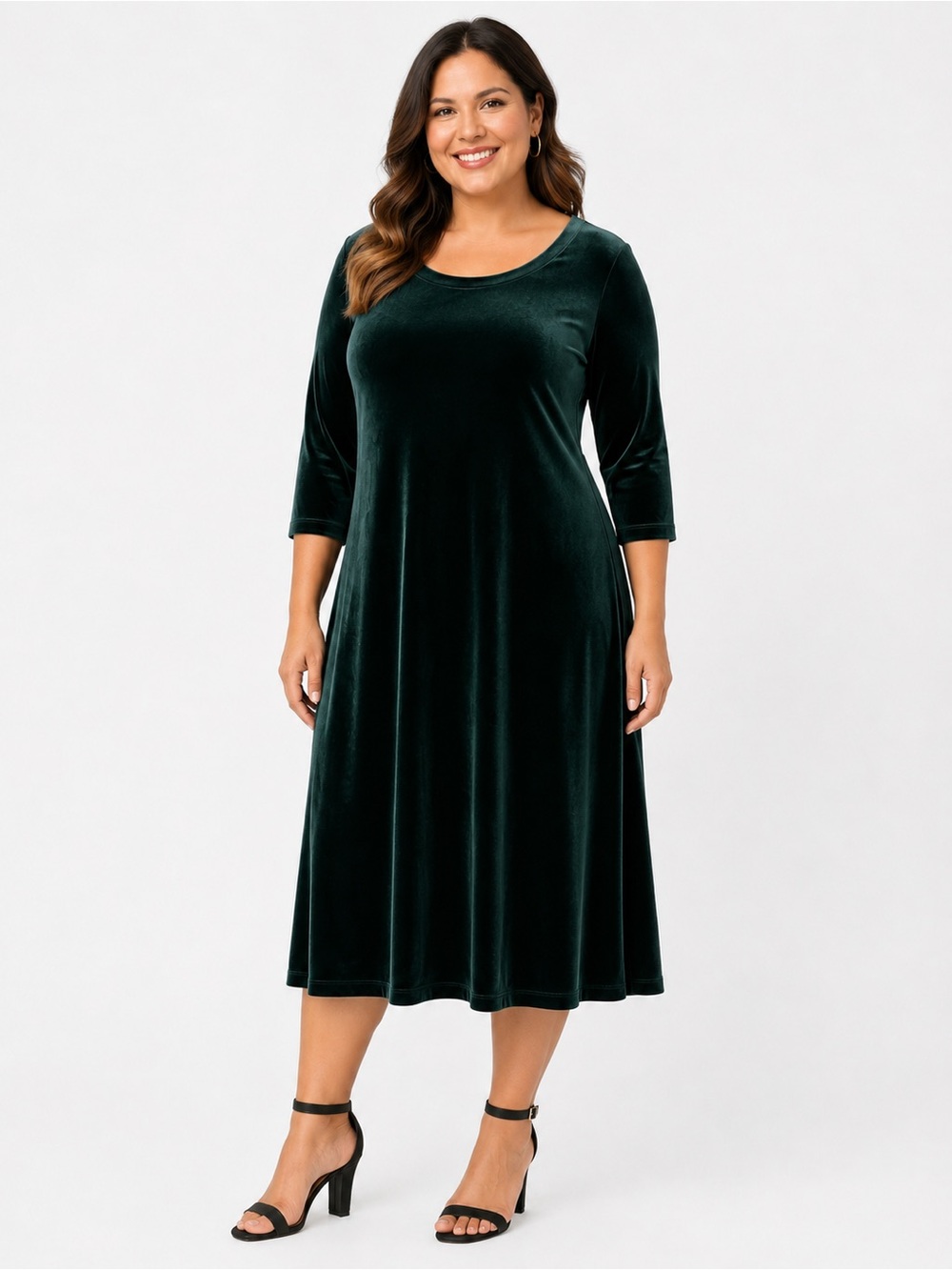 Chico's A-line scoop neck 3/4 sleeves Emerald Green Velvet Midi Dress L
